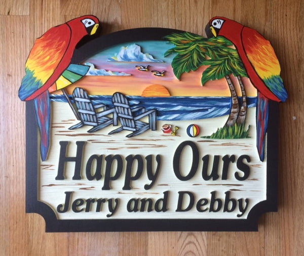 Beach House Signs - Parrots, Personalized House Signs (BH48)