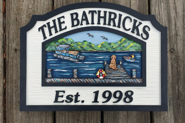 Lake House Sign with Dock. Personalized House Sign (001)