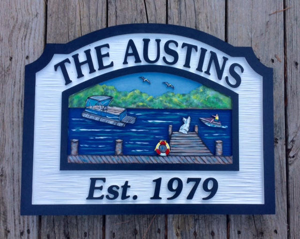 Lake House Sign with Dock. Personalized House Sign (001)