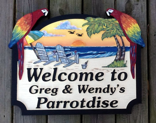 Beach House Signs - Parrots, Personalized House Signs (BH48)